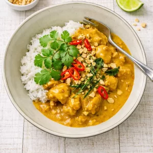 Creamy satay chicken served over white rice in a bowl, topped with chopped peanuts, red chilli slices and fresh coriander, on a white timber background.