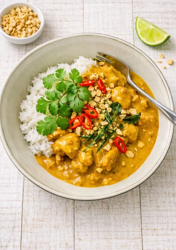 Creamy satay chicken served over white rice in a bowl, topped with chopped peanuts, red chilli slices and fresh coriander, on a white timber background.