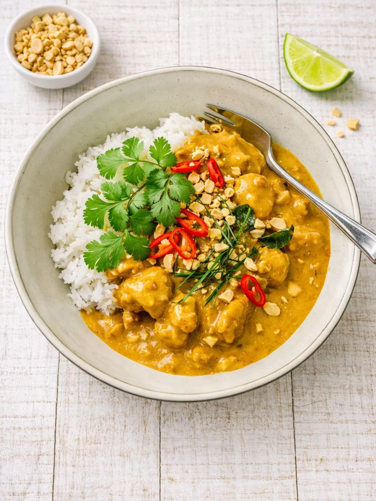 Creamy satay chicken served over white rice in a bowl, topped with chopped peanuts, red chilli slices and fresh coriander, on a white timber background.