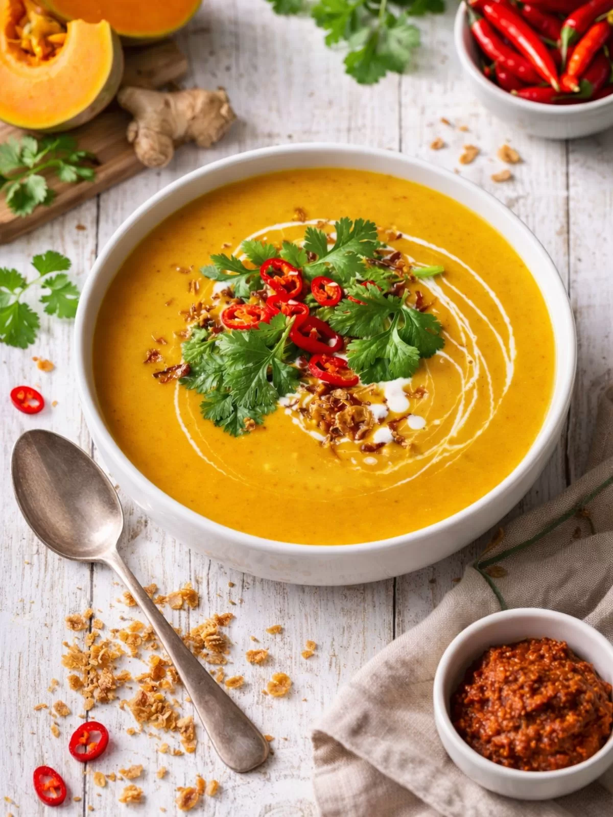 Thai Panang pumpkin soup in a white bowl, topped with coconut cream swirl, fresh coriander, sliced red chilli and crispy shallots on a white timber background in natural light.
