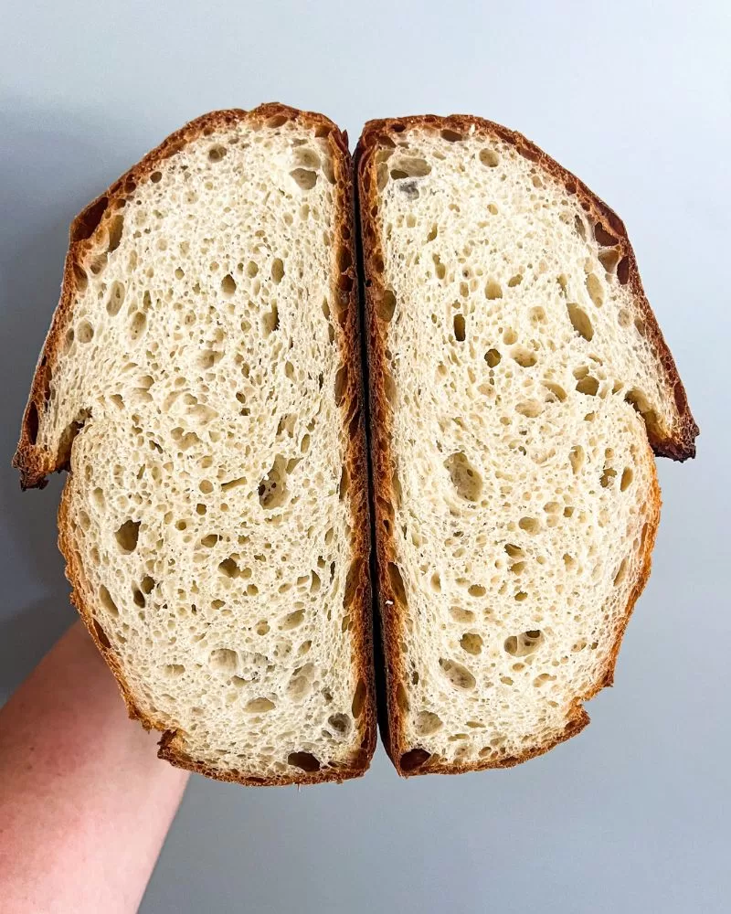 crumb shot of no knead bread loaf