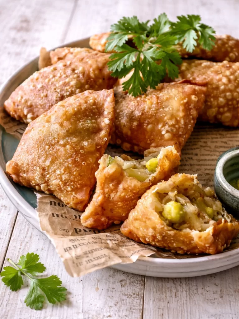 Close-up of golden, crispy vegetable samosas on a plate lined with parchment paper, one samosa broken open to show the potato and pea filling, styled on a white timber table with fresh coriander in natural light.