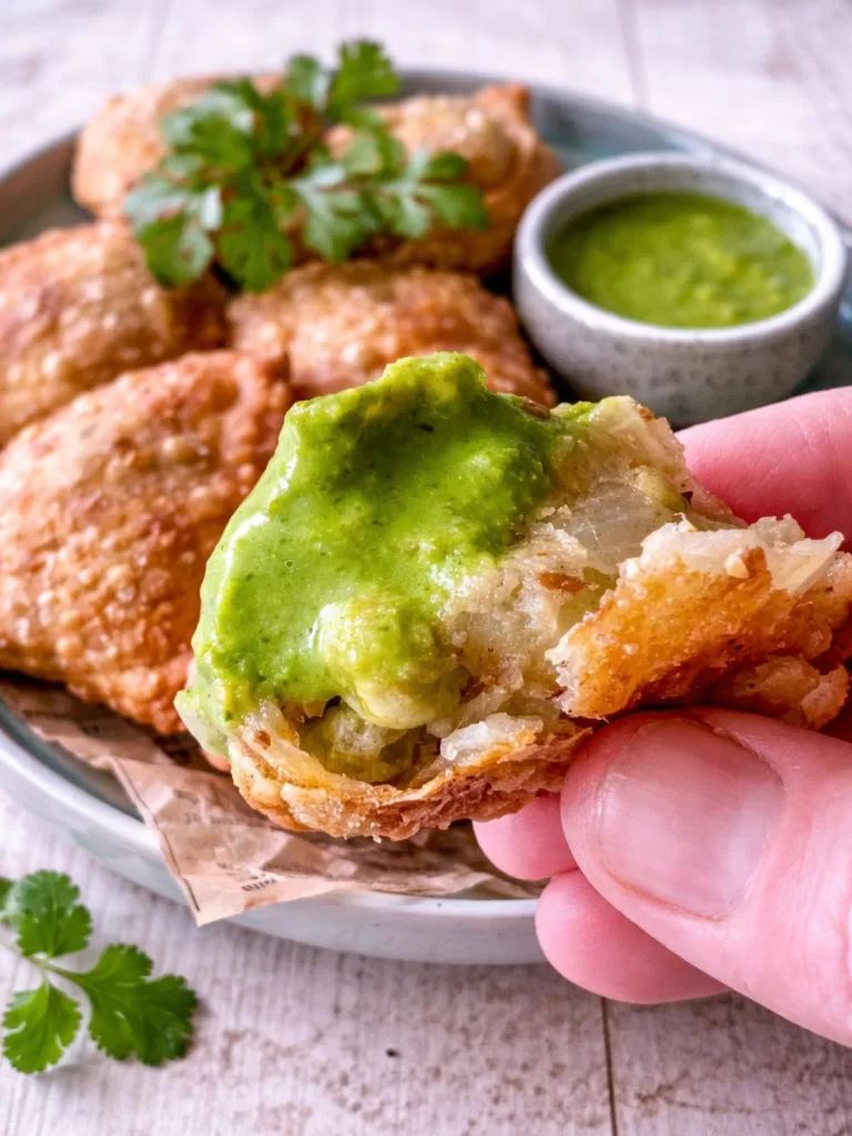 Close-up of a hand holding a bitten vegetable samosa topped with green chutney, showing the potato and pea filling, with more golden samosas and a bowl of chutney blurred in the background on a white timber table.