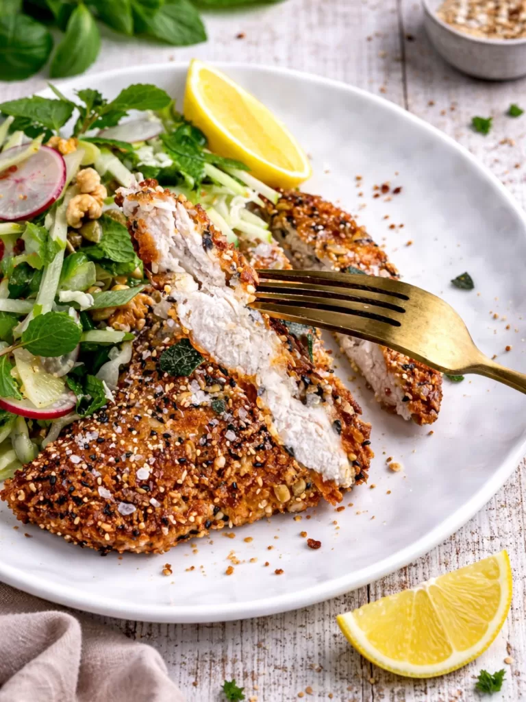 Seeded panko chicken schnitzel on a white plate over a white timber background, with a fork lifting a slice to show the juicy interior, scattered crumbs and a fresh herb salad with lemon in natural light.