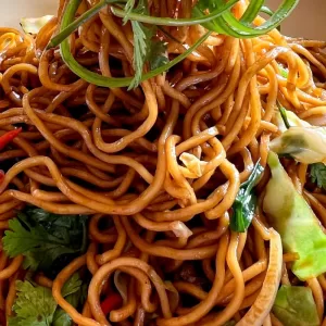 close up of stir fry noodle dish