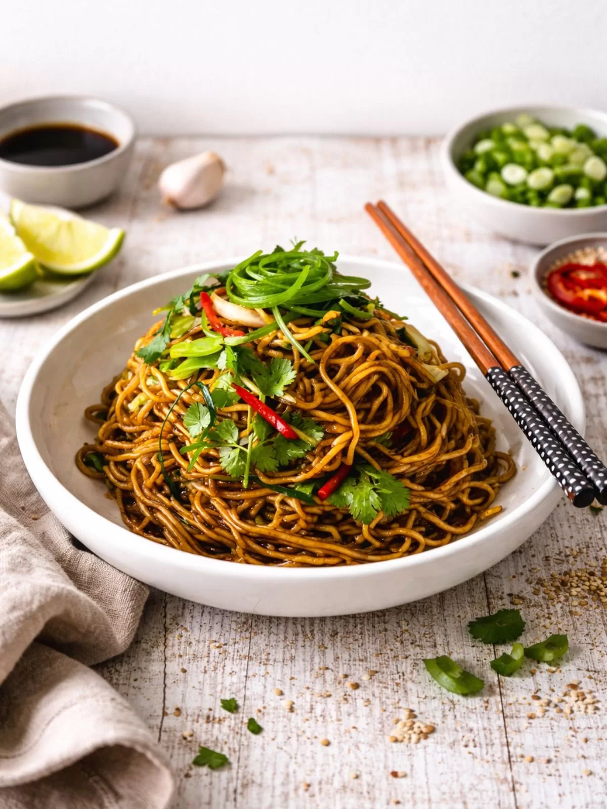 Bowl of 15 minute soy sauce noodles on a rustic white timber table with a white background, topped with spring onions, coriander and red chilli, styled with chopsticks, lime wedges and small bowls of soy sauce and sesame seeds in natural light.