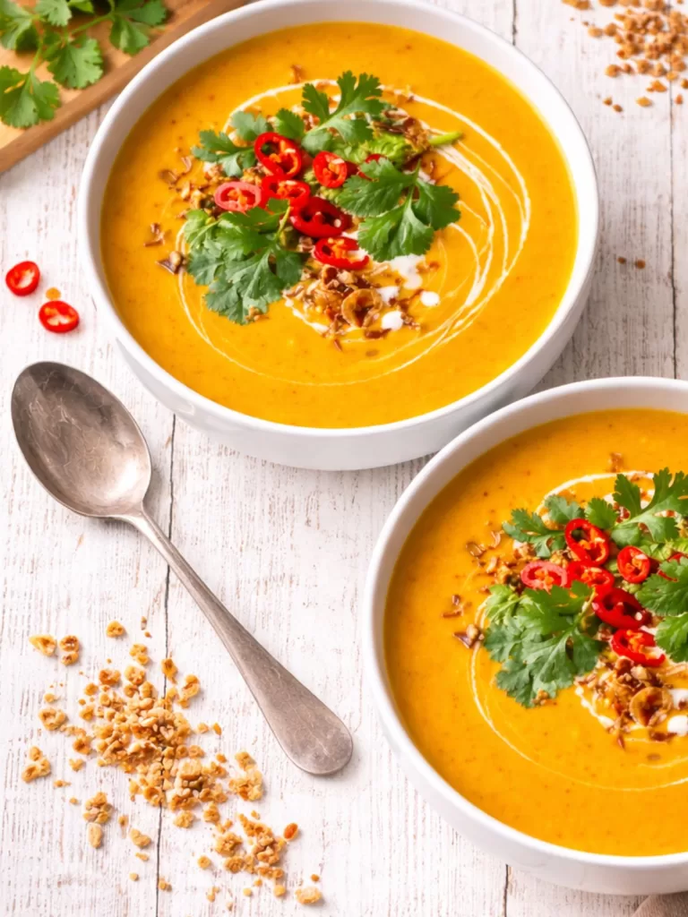 Close-up overhead photo of Thai Panang pumpkin soup in a white bowl on a white timber background, topped with coconut cream swirl, coriander, red chilli and crispy fried shallots, with a spoon and a small sprinkle of fried shallots in front.