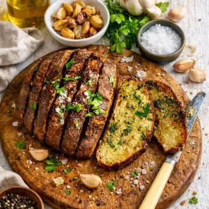 Ultimate brown butter & roasted garlic bread sliced and served on a wooden board with fresh parsley and sea salt