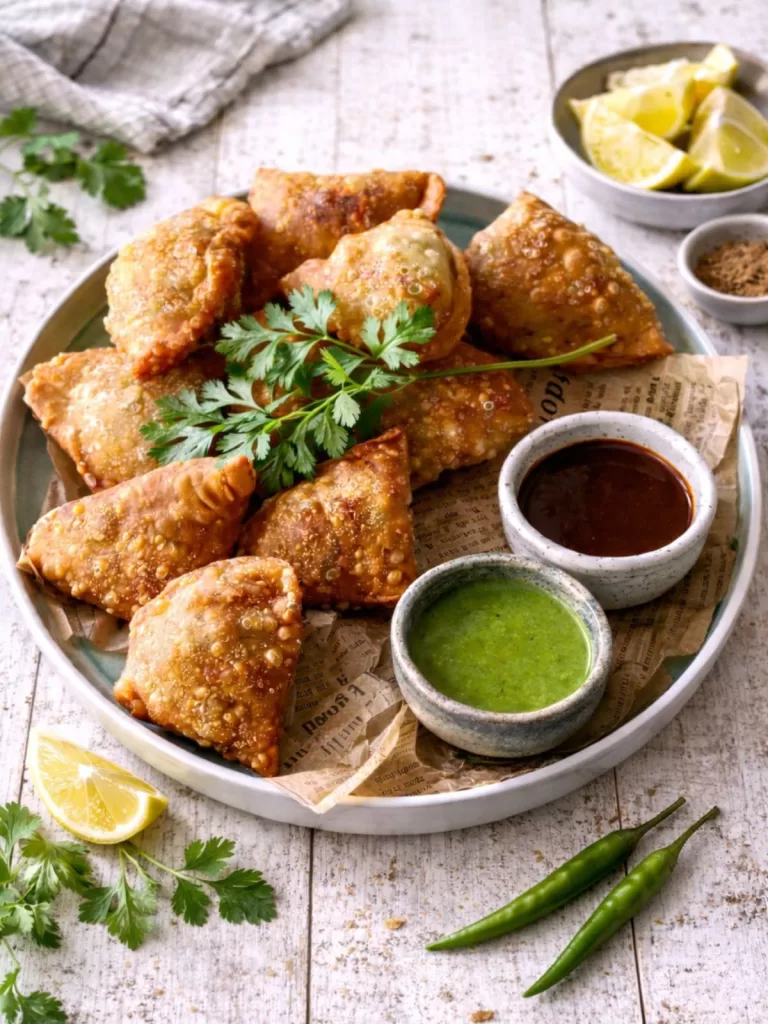 Plate of golden vegetable samosas served with green chutney and tamarind sauce on a white timber table with fresh coriander and green chillies.