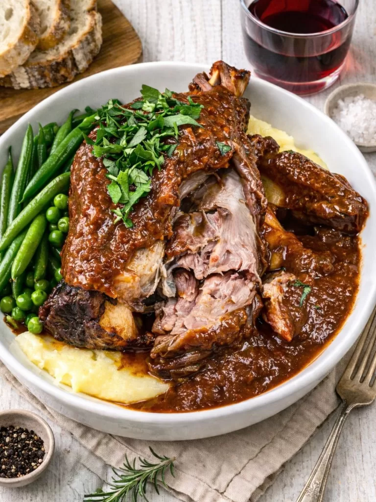 Close-up of red wine braised lamb shank on creamy mashed potatoes, topped with fresh rosemary and rich glossy sauce, served with green beans and peas in a white bowl on a light timber surface.