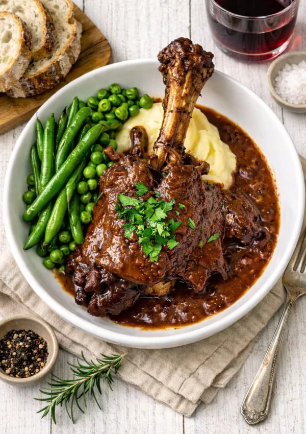 Braised lamb shank in rich red wine gravy served over creamy mashed potatoes with green beans and peas, garnished with parsley and rosemary, on a white timber table with a glass of red wine and crusty bread.