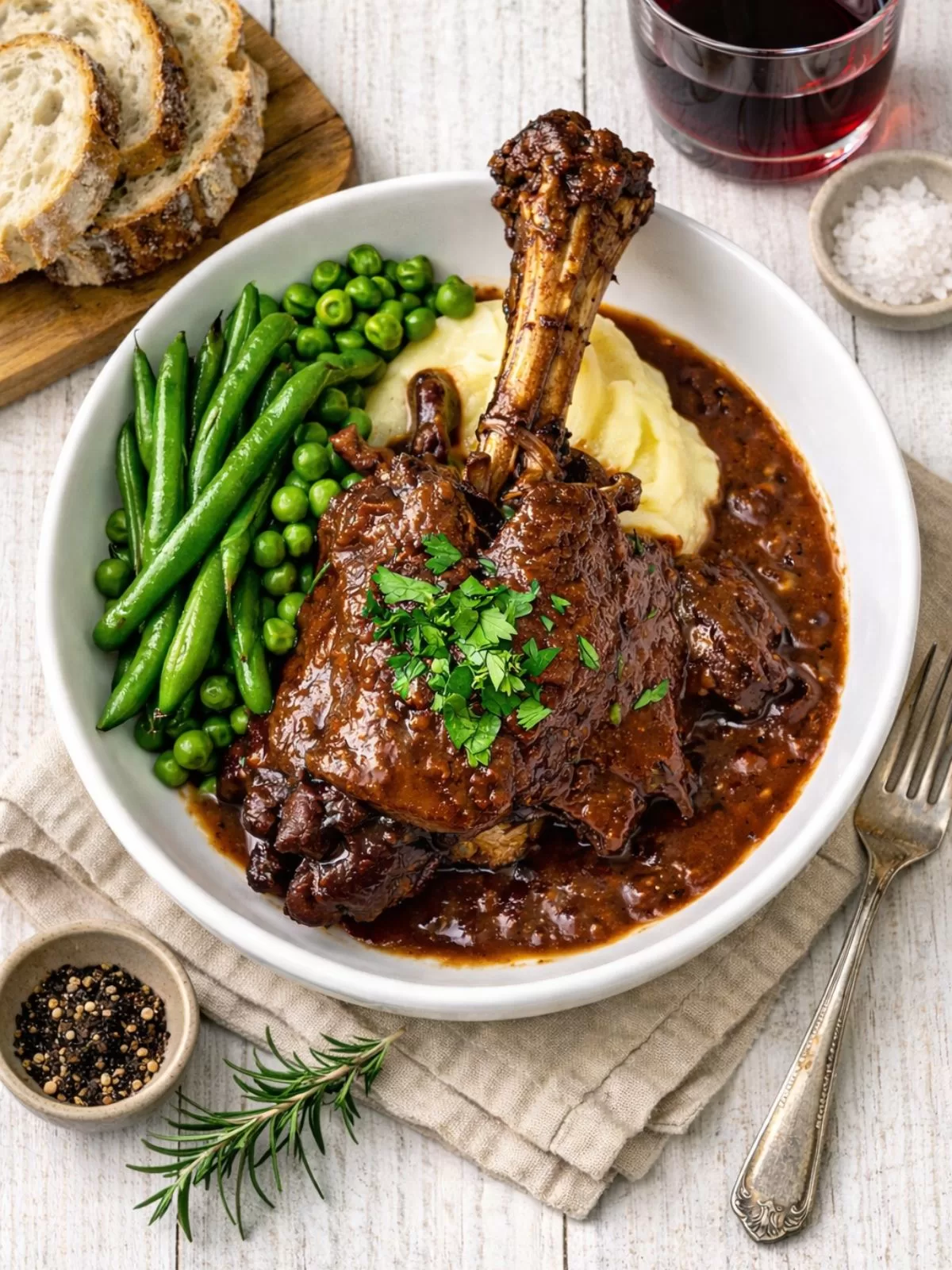 Braised lamb shank in rich red wine gravy served over creamy mashed potatoes with green beans and peas, garnished with parsley and rosemary, on a white timber table with a glass of red wine and crusty bread.
