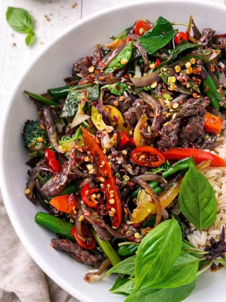 Overhead close-up of a white bowl with Thai basil beef stir-fry and brown rice, featuring sliced beef, vegetables, chilli flakes, and fresh basil on a bright white timber background.