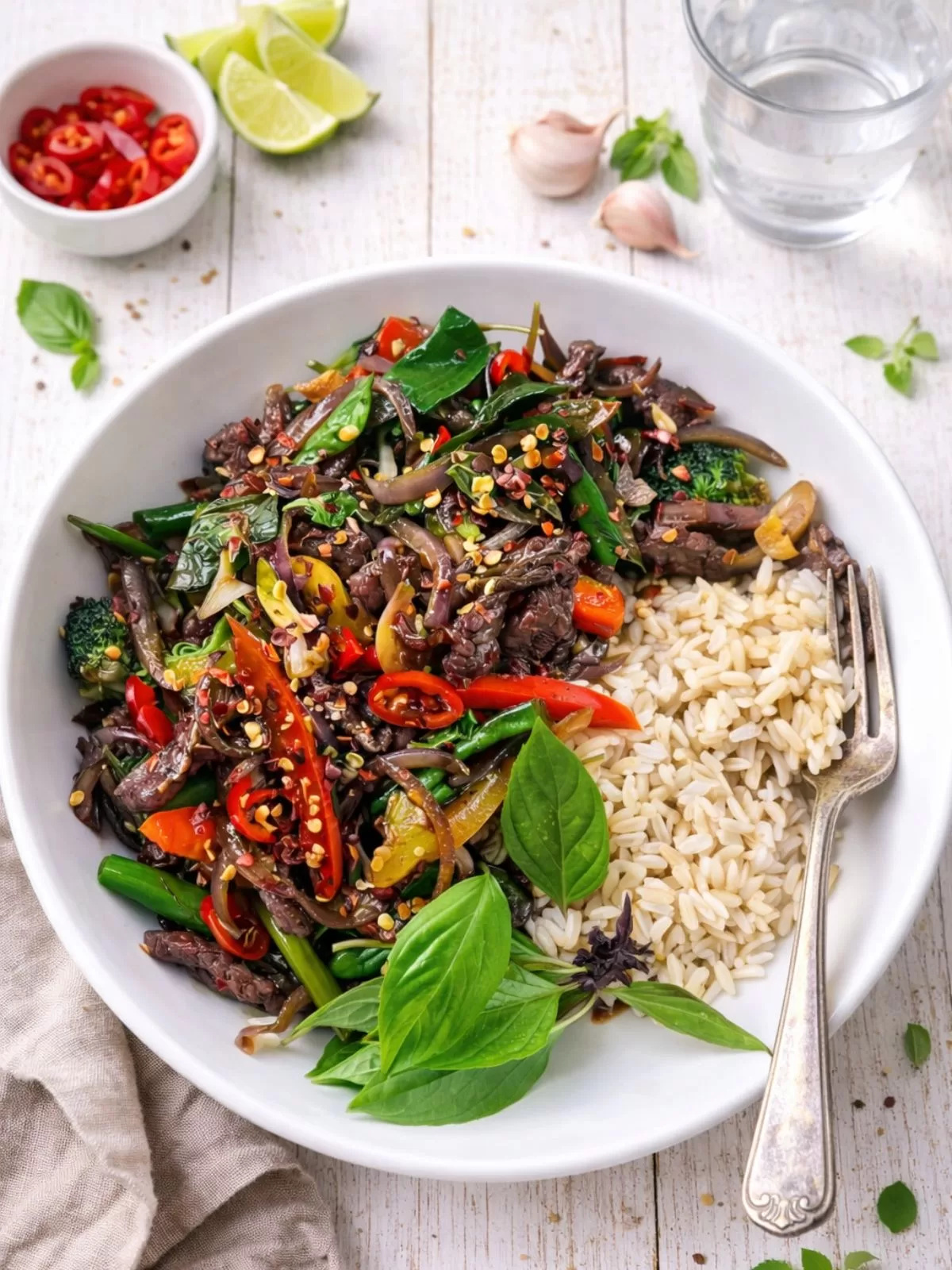 A white bowl filled with Thai Basil Beef stir-fry featuring sliced beef, capsicum, onions and fresh basil, served alongside brown rice