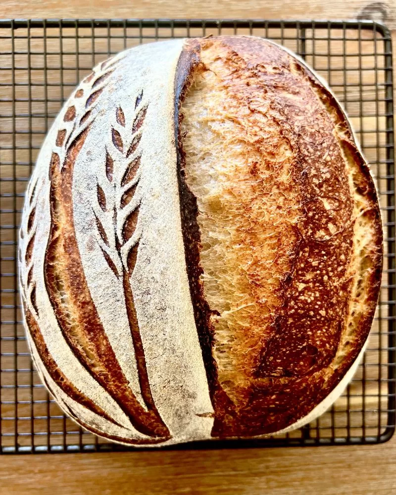 sourdough bread on baking rack