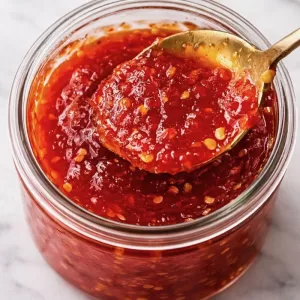 close up of chilli jam in a jar spooned out