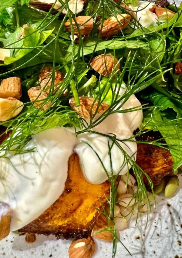 pumpkin, yoghurt and herbs on plate