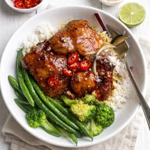 Bowl of curried honey chicken glazed in sauce, served over white rice with steamed broccoli and green beans, garnished with fresh red chilli slices.
