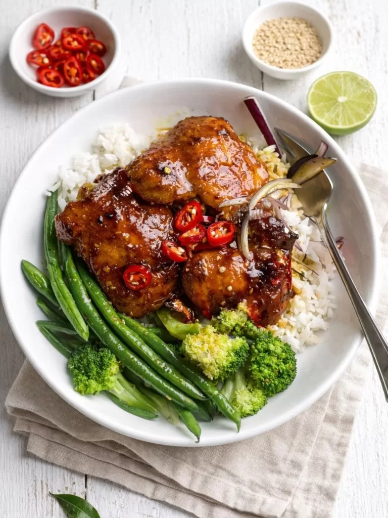 Bowl of curried honey chicken glazed in sauce, served over white rice with steamed broccoli and green beans, garnished with fresh red chilli slices.