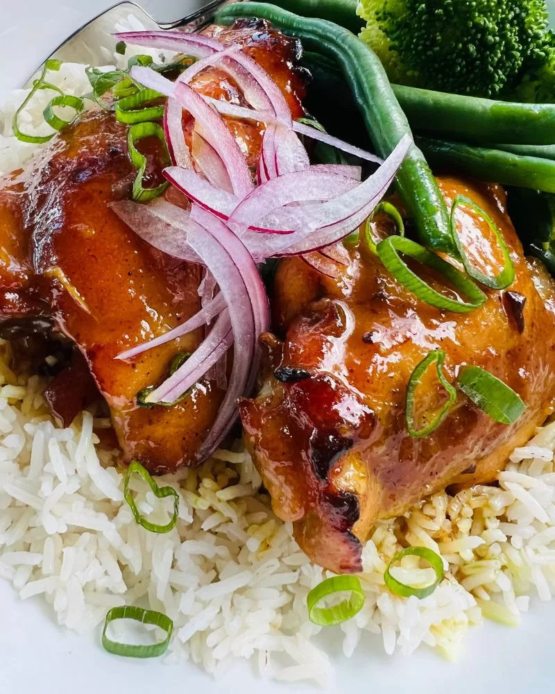 5 ingredient sticky curried honey chicken in white bowl