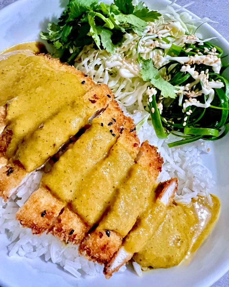 katsu curry with rice and veggies