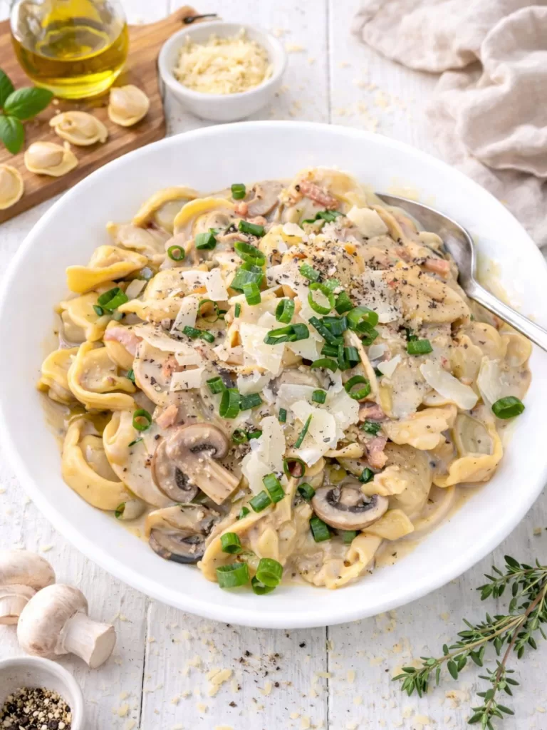 Bowl of creamy French onion tortellini with crispy bacon, sautéed mushrooms, and spring onions, ready to serve.