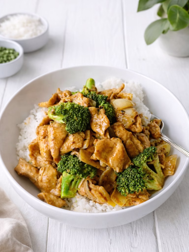 Satay chicken stir fry with Jimmy’s saté sauce served over rice with broccoli
