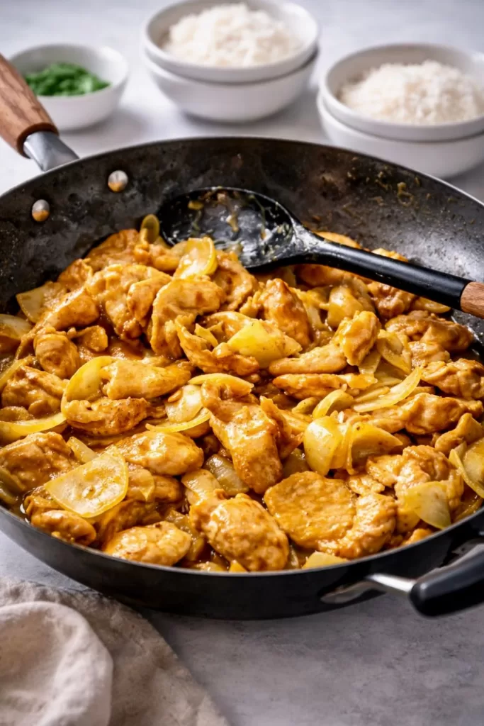 satay chicken cooking in a wok.