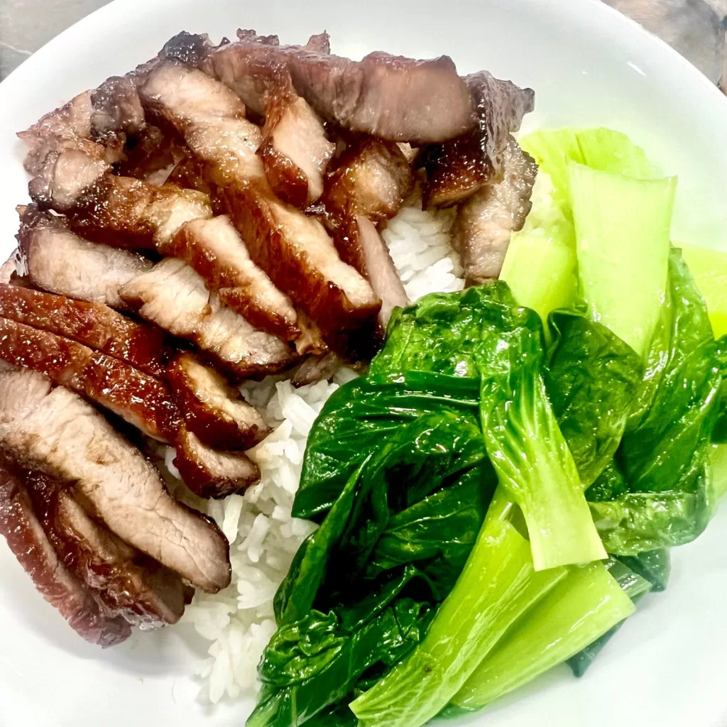 sliced pork in bowl with rice and bok choy