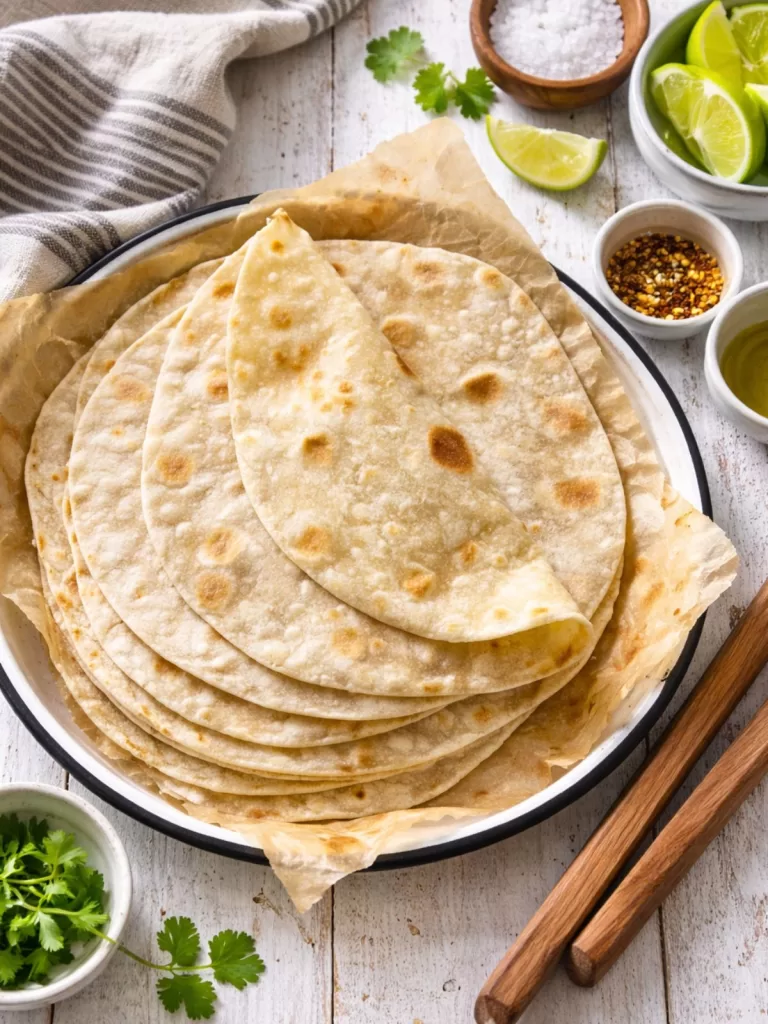 Stack of homemade flatbreads on parchment paper in a white enamel tray, styled on a white timber table with a striped tea towel, wooden tongs and small bowls of salt, olive oil and lime wedges.