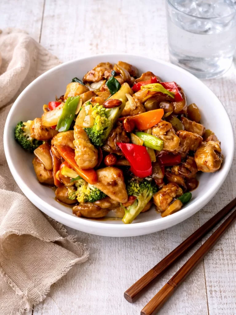 Chinese chicken with roasted almonds in a glossy savoury sauce, served with vegetables in a bowl on a white timber surface, with chopsticks, a napkin and a glass of water.