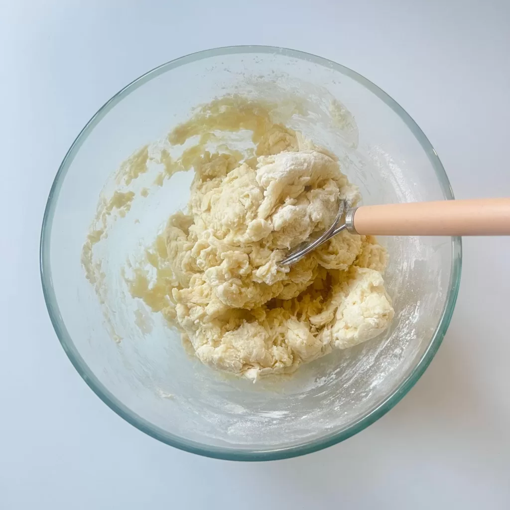 Rough, shaggy dough beginning to come together in a mixing bowl before kneading.