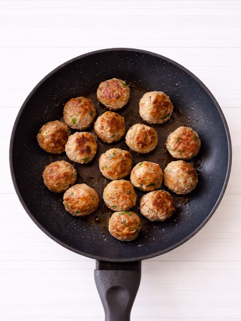 Meatballs browning in a non stick frying pan on a white timber background