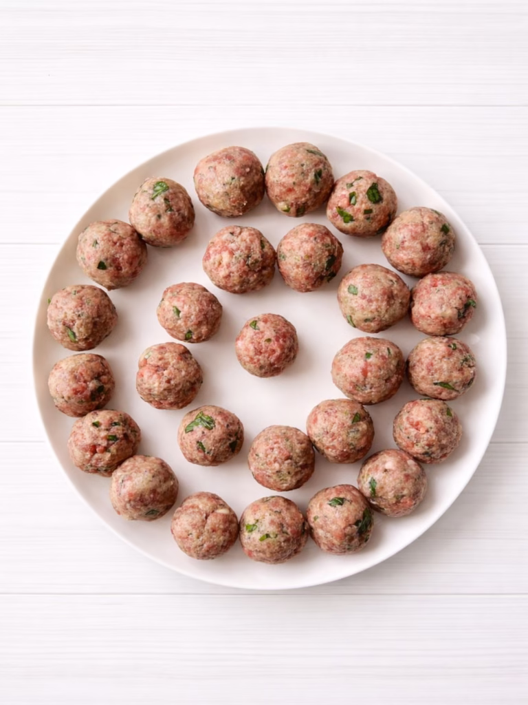 Raw meatballs arranged on a white plate on a white timber background