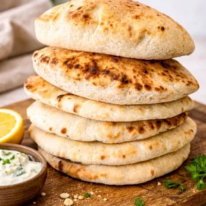 Stack of homemade golden pita breads on a rustic wooden board with garlic, herbs and olive oil, styled for a food blog