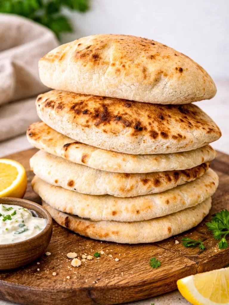Stack of homemade golden pita breads on a rustic wooden board with garlic, herbs and olive oil, styled for a food blog