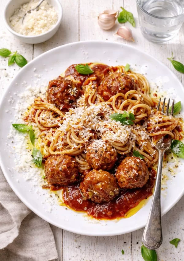 Overhead view of spaghetti coated in tomato sauce with meatballs, grated parmesan and fresh basil on a white plate.