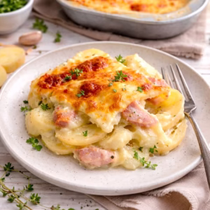 A messy scoop of creamy Aussie potato bake on a ceramic plate, with melted golden cheese, sliced potatoes and ham, and the baking dish blurred in the background on a white timber table.