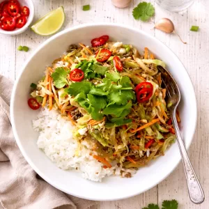 Beef mince & cabbage stir fry served over rice with carrot and fresh coriander and chilli in a white bowl