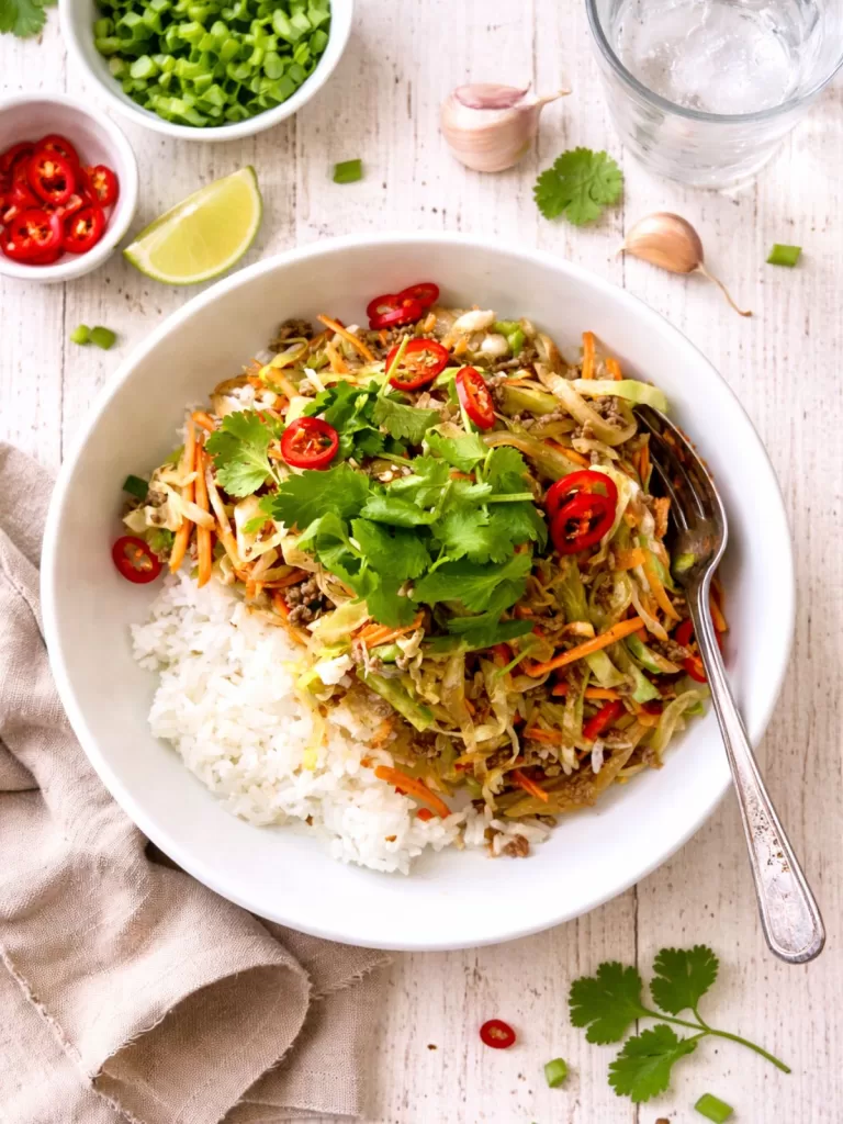 Beef mince & cabbage stir fry served over rice with carrot and fresh coriander and chilli in a white bowl