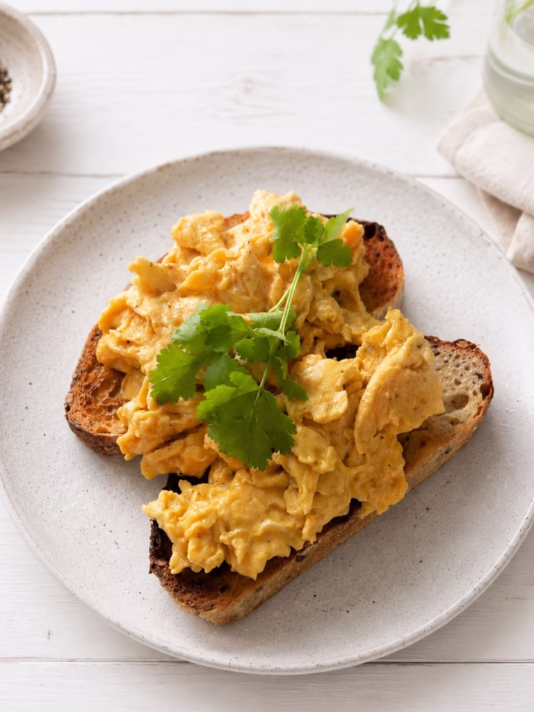 Jimmy’s Satay Scrambled Eggs on toasted sourdough with fresh coriander.