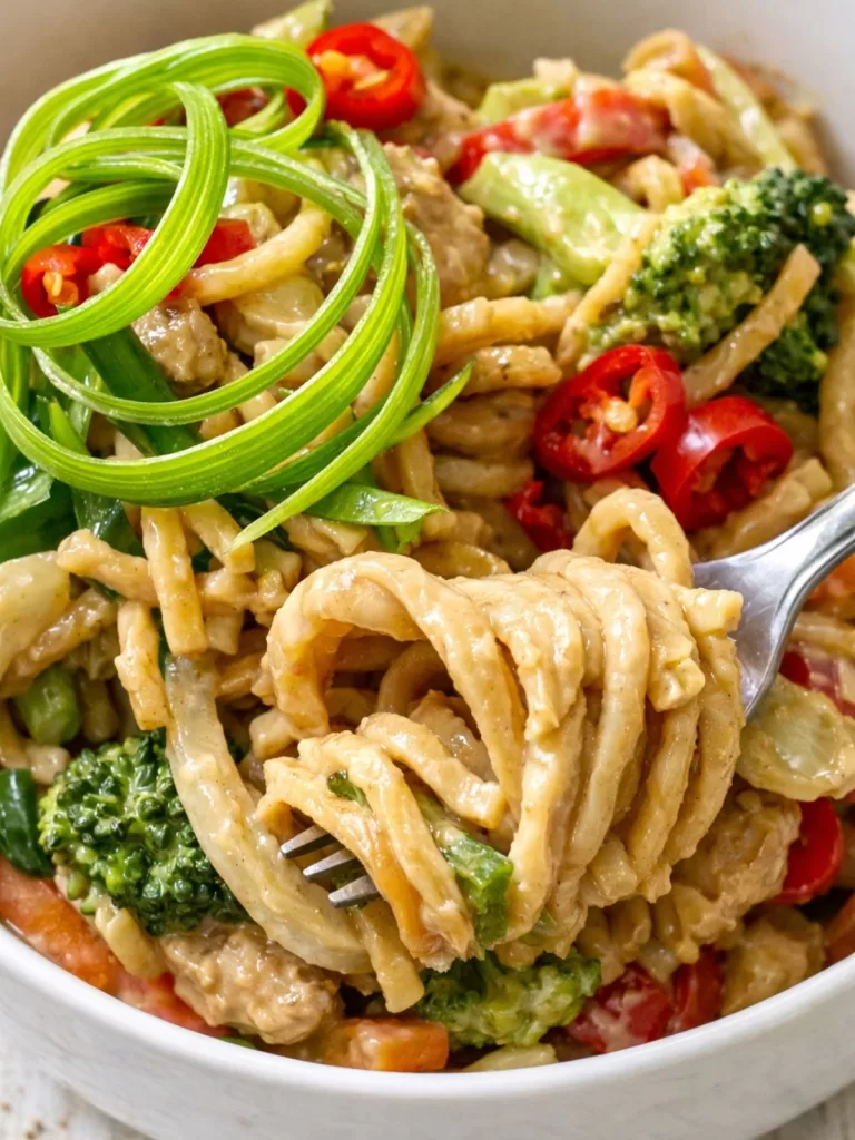 close up of satay noodles wrapped around a fork about to be eaten.