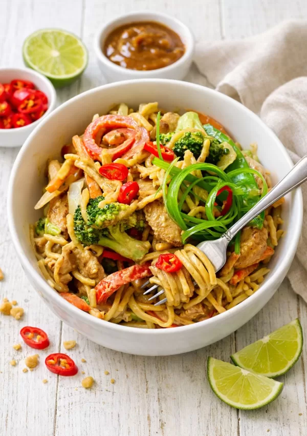 Creamy satay chicken noodles in a white bowl, tossed with tender chicken, broccoli, capsicum and carrots, topped with sliced red chilli and curled spring onion, with a fork twirling noodles, served on a white timber surface with lime wedges and satay sauce on the side.