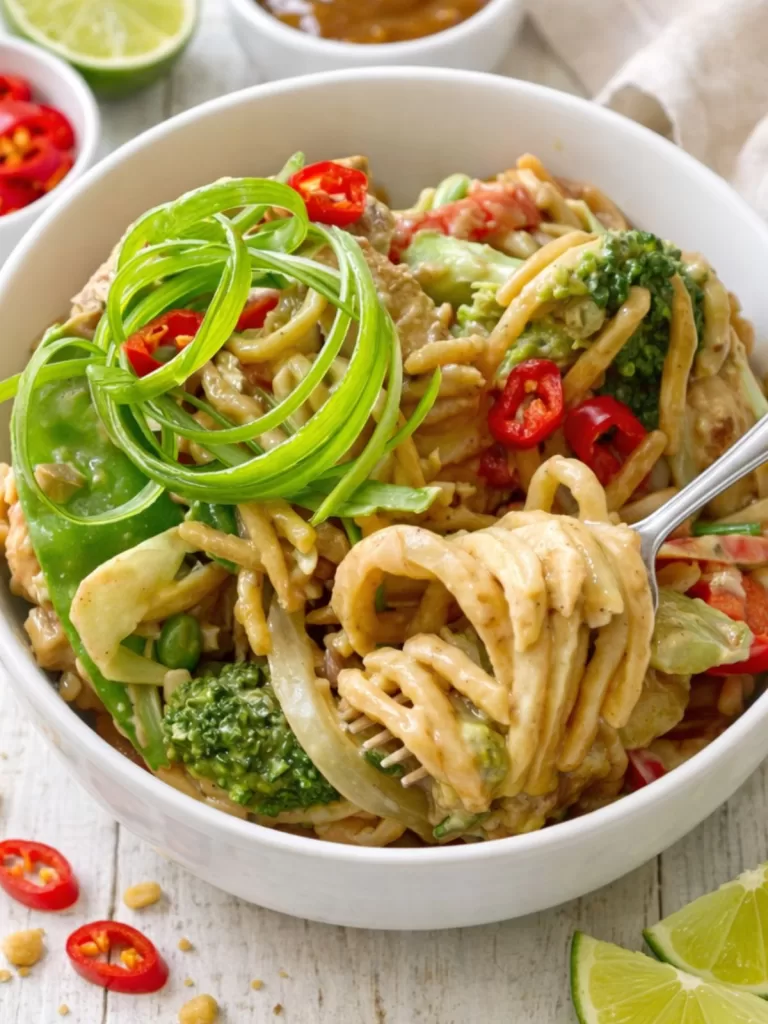 Creamy satay chicken noodles in a white bowl with tender chicken, broccoli, capsicum and carrots, topped with sliced red chilli and curled spring onion, served on a light neutral surface with a fork alongside.