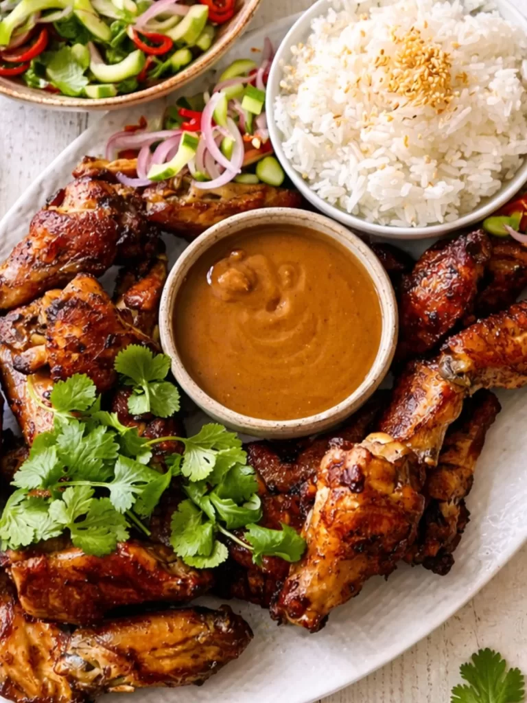 Platter of baked satay chicken wings with peanut dipping sauce and rice