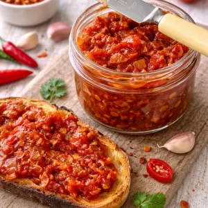 Tomato and bacon chilli jam in a glass jar with a knife resting on top, served on toast and styled with chillies, garlic and herbs on a white timber surface in natural light.