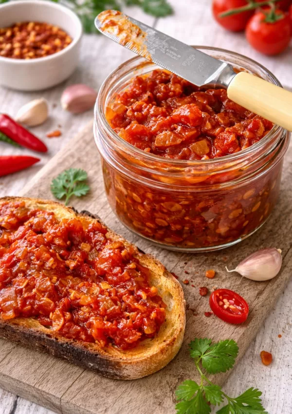 Tomato and bacon chilli jam in a glass jar with a knife resting on top, served on toast and styled with chillies, garlic and herbs on a white timber surface in natural light.