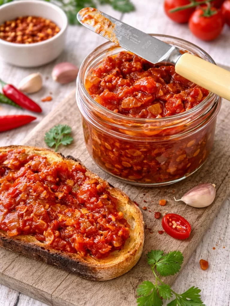 Tomato and bacon chilli jam in a glass jar with a knife resting on top, served on toast and styled with chillies, garlic and herbs on a white timber surface in natural light.