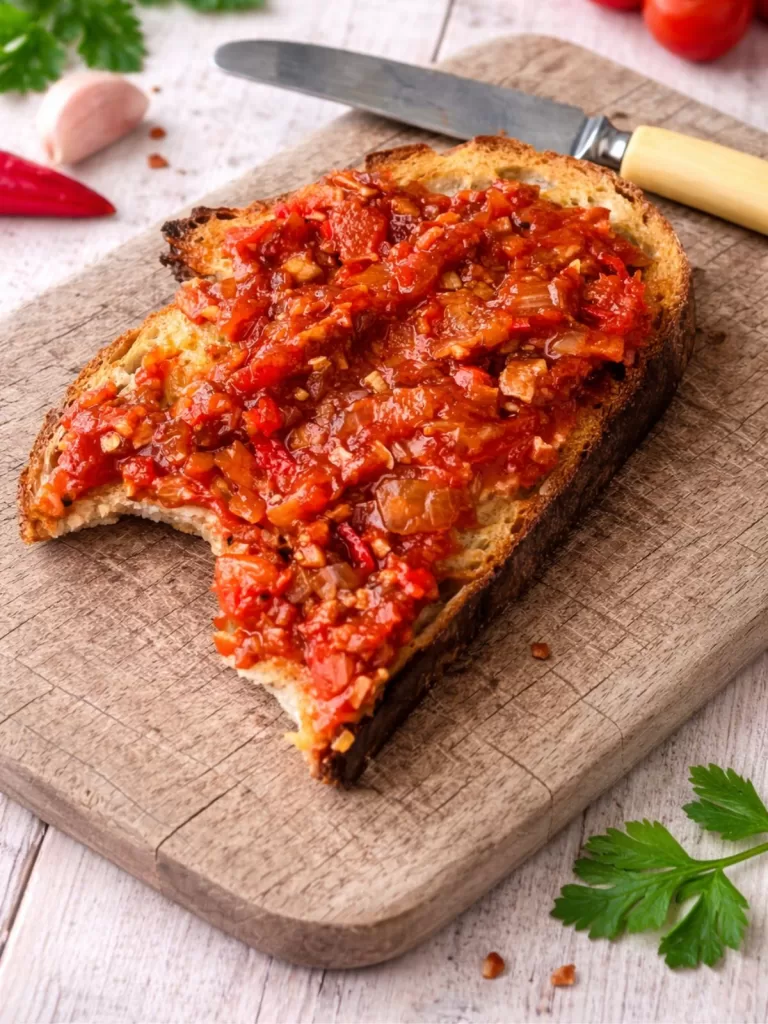 Slice of toasted sourdough topped with chunky tomato and bacon chilli jam on a white timber surface, photographed in soft natural light.