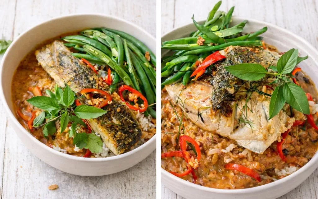 2 separate images of crispy skin barramundi served over rice with Thai panang curry sauce, green beans and Asian garnsihes.